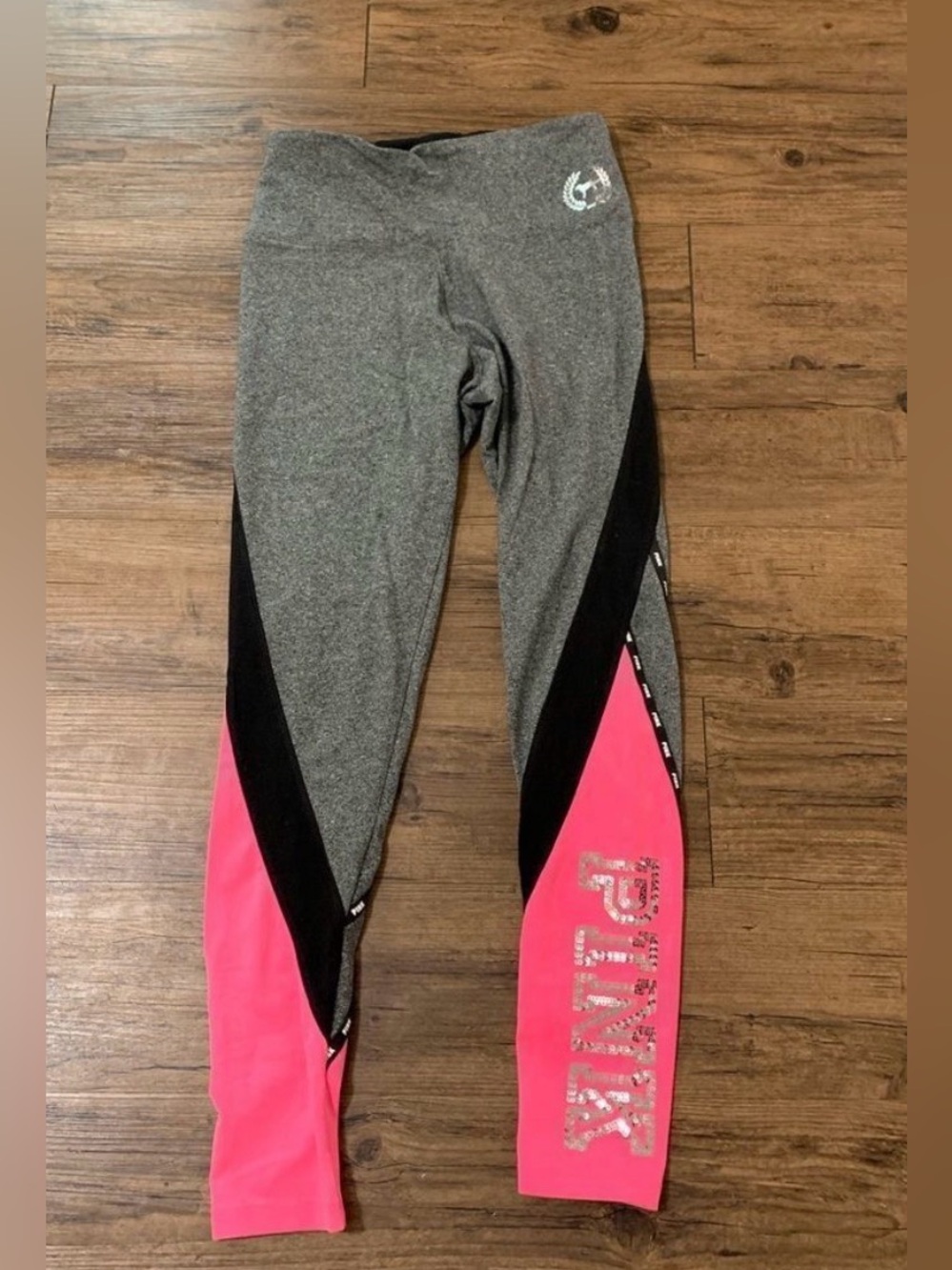 PINK Victoria's Secret Neon pink and Gray COLORBLOCK bling Yoga Leggings S - Picture 2 of 7